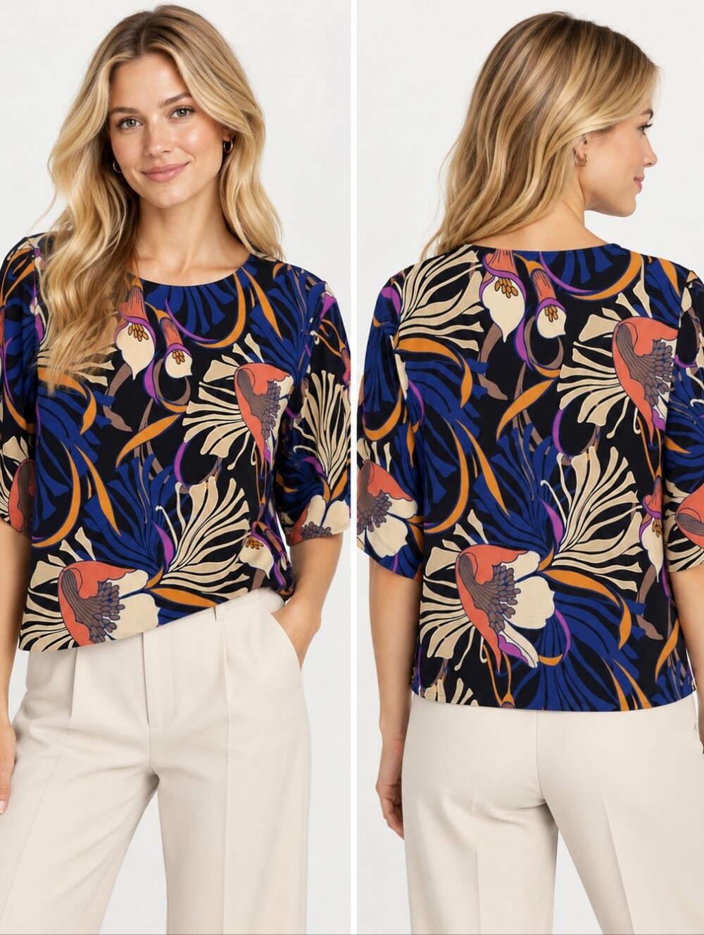 NWT CHICO’S TRAVELERS CALLA LILY KIMONO SLEEVE TOP INDIA INK SIZE 1 (MED 8-10)